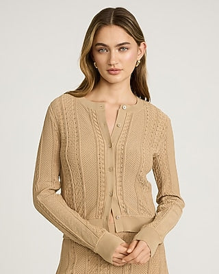 Express Women's Pointelle Crew Neck Long Sleeve Cardigan in Brown Small