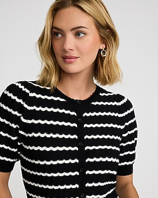 Express Women's Striped Pointelle Crew Neck Short Sleeve Cardigan in Black Small