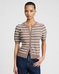 Express Women's Striped Pointelle Crew Neck Short Sleeve Cardigan in Brown Small