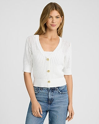 Express Women's Open Stitch V-Neck Elbow Sleeve Novelty Button Cardigan in White