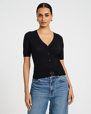 Express Women's Fitted V-Neck Short Sleeve Button Front Cardigan in Black Small