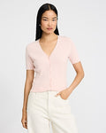 Express Women's Fitted V-Neck Short Sleeve Button Front Cardigan in Pink Small