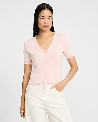 Express Women's Fitted V-Neck Short Sleeve Button Front Cardigan in Pink Small