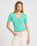 Express Women's Fitted V-Neck Short Sleeve Button Front Cardigan in Pacific Aqua
