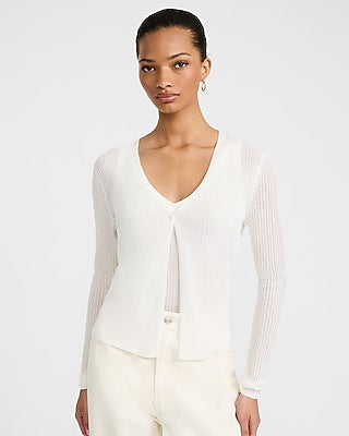Express Women's Lightweight Ribbed V-Neck One Button Cardigan in Ivory
