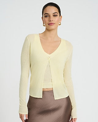 Express Women's Lightweight Ribbed V-Neck One Button Cardigan in Yellow Small