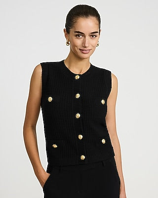 Express Women's Cotton Crew Neck Novelty Button Sweater Vest in Pitch Black