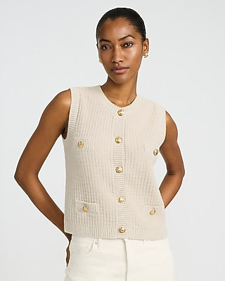 Express Women's Cotton Crew Neck Novelty Button Sweater Vest in White Small