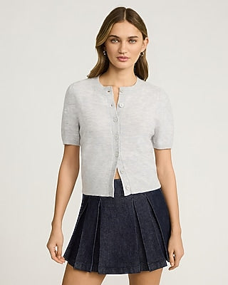 Express Women's Skimming Puff Sleeve Crew Neck Cardigan in Gray Small
