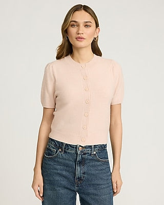 Express Women's Skimming Puff Sleeve Crew Neck Cardigan in Vintage Pink