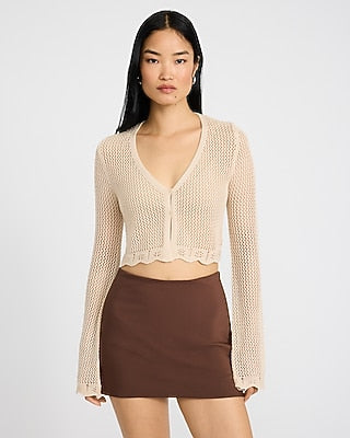 Express Women's Open Stitch V-Neck Cropped Cardigan in Cream