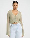 Express Women's Open Stitch V-Neck Cropped Cardigan in Green Small