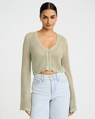 Express Women's Open Stitch V-Neck Cropped Cardigan in Green Small