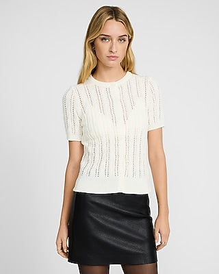 Express Women's Open Stitch Cable Knit Short Sleeve Cardigan in Ivory