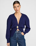 Express Women's Gold Button V-Neck Banded Cardigan in Navy Blue