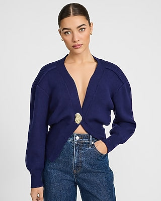 Express Women's Gold Button V-Neck Banded Cardigan in Navy Blue