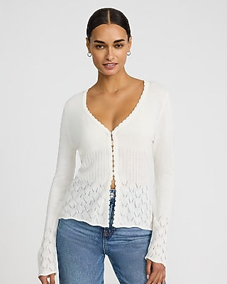 Express Women's V-Neck Long Sleeve Cutaway Hem Open Knit Cardigan in Ivory