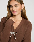 Express Women's Ribbed V-Neck Rhinestone Bow Cardigan in Chocolate Truffle