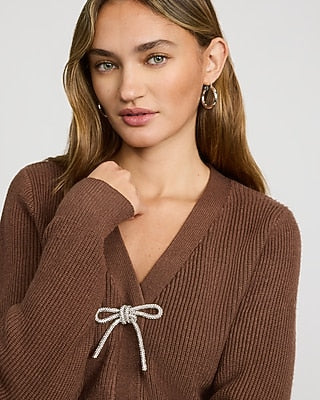 Express Women's Ribbed V-Neck Rhinestone Bow Cardigan in Chocolate Truffle