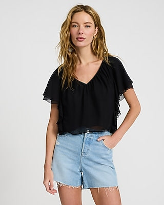 Express Women's V-Neck Short Sleeve Tie Back Ruffle Top in Pitch Black