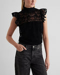 Express Women's Velvet Lace Ruffle Mock Neck Flutter Sleeve Gramercy T-Shirt in Pitch Black