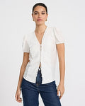Express Women's V-Neck Puff Sleeve Eyelet Placket Shirt in White
