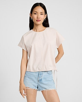 Express Women's Stretch Cotton Poplin Crew Neck Side Tie Cinched Hem Top in Light Pink