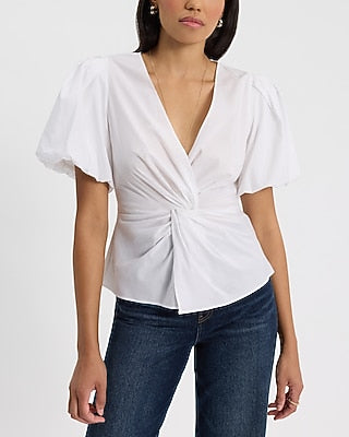 Express Women's V-Neck Puff Sleeve Twist Front Top in White Small