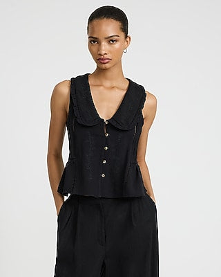 Express Women's Embroidered Collared Button Front Pleated Tank Top in Black
