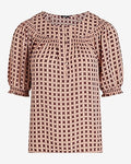 Express Women's Printed Smocked Short Puff Sleeve Half Button Up Top in Pink Print