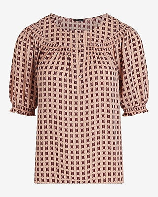 Express Women's Printed Smocked Short Puff Sleeve Half Button Up Top in Pink Print