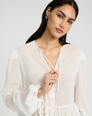 Express Women's Sheer Textured Jacquard Long Sleeve Peplum Top in Ivory
