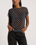 Express Women's Printed Sheer Boat Neck T-Shirt in Black Print