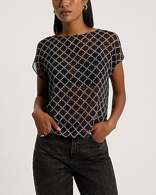 Express Women's Printed Sheer Boat Neck T-Shirt in Black Print
