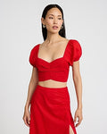 Express Women's Linen-Blend Puff Sleeve Smocked Crop Top in Bright Red