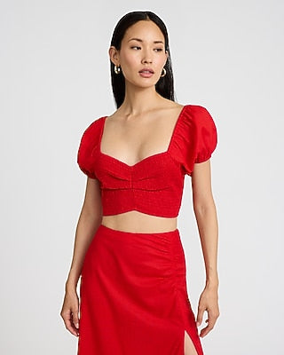 Express Women's Linen-Blend Puff Sleeve Smocked Crop Top in Bright Red