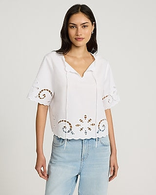 Express Women's Eyelet Bow Tie Front Scalloped Hem Short Sleeve Top in White
