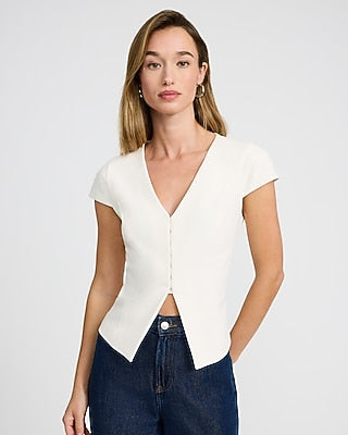 Express Women's Signature Stretch Short Sleeve Hook & Eye Tailored Top in Ivory