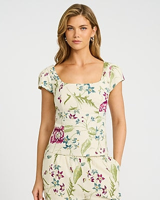 Express Women's Summer-Blend Linen Floral Square Neck Cap Sleeve Top Small