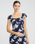 Express Women's Summer-Blend Linen Floral Square Neck Cap Sleeve Top in Blue Print