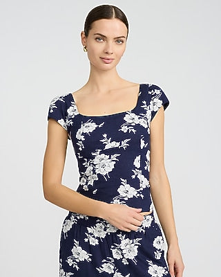 Express Women's Summer-Blend Linen Floral Square Neck Cap Sleeve Top in Blue Print