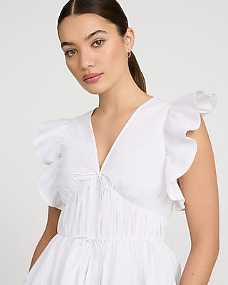 Express Women's Stretch Cotton V-Neck Flutter Sleeve Tie Front Top in White
