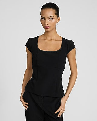 Express Women's Studio Stretch Twill Square Neck Cap Sleeve Tailored Top in Pitch Black