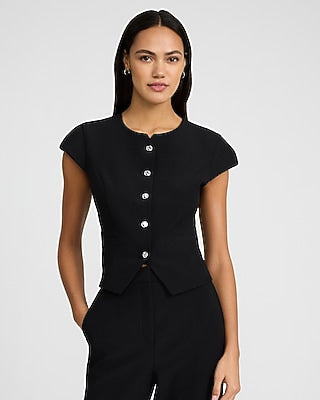 Express Women's Studio Stretch Twill Novelty Button Short Sleeve Tailored Top in Black Small