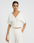 Express Women's Summer-Blend Linen V-Neck Short Sleeve Pintuck Smocked Back Top in White Small
