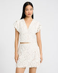 Express Women's Lace V-Neck Flutter Sleeve Button Front Top in White Small
