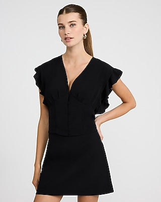 Express Women's V-Neck Flutter Sleeve Button Front Top in Black Small