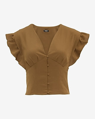 Express Women's V-Neck Flutter Sleeve Button Front Top in Brown Small