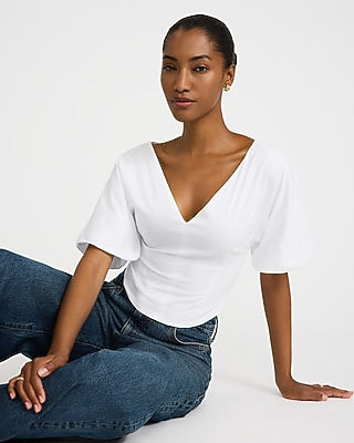 Express Women's Stretch Cotton V-Neck Dolman Puff Sleeve Top in White