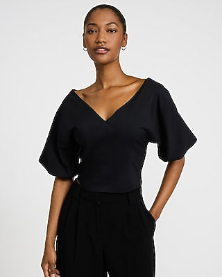 Express Women's Stretch Cotton V-Neck Dolman Puff Sleeve Top in Black Small